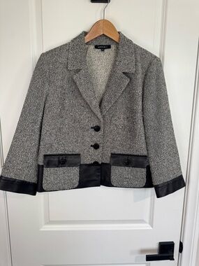 Lafayette 148 New York Tweed Blazer Leather Trimmed Cropped Luxe Classic 12